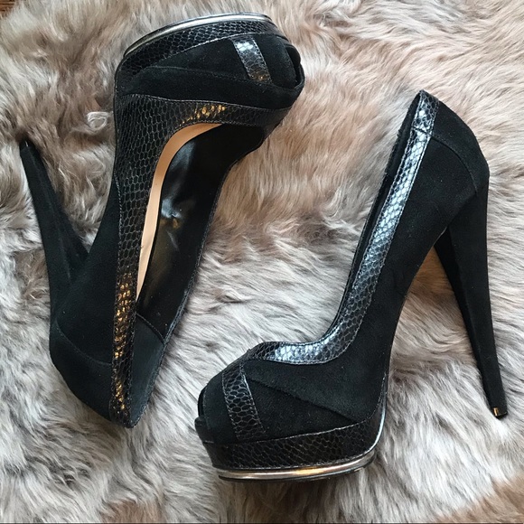 H by Halston Shoes - H by Halston Snakeskin Leather Peep Toe Heels 7.5B